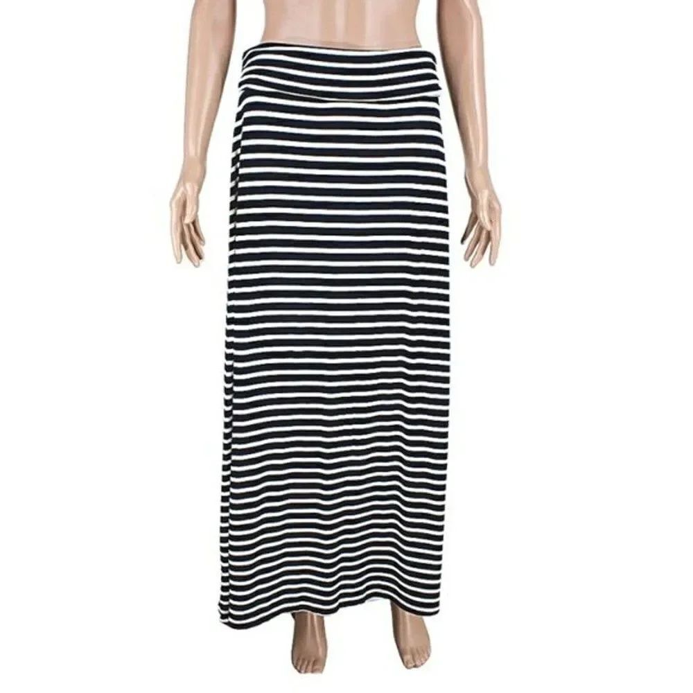 Maxi Skirt Striped Slouchy Waist Stretchy Jersey Knit Blue & White Size Small
